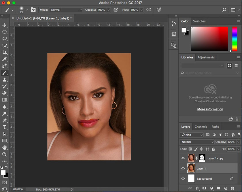 use the Brush tool with a Hardness of 0% to get skin color