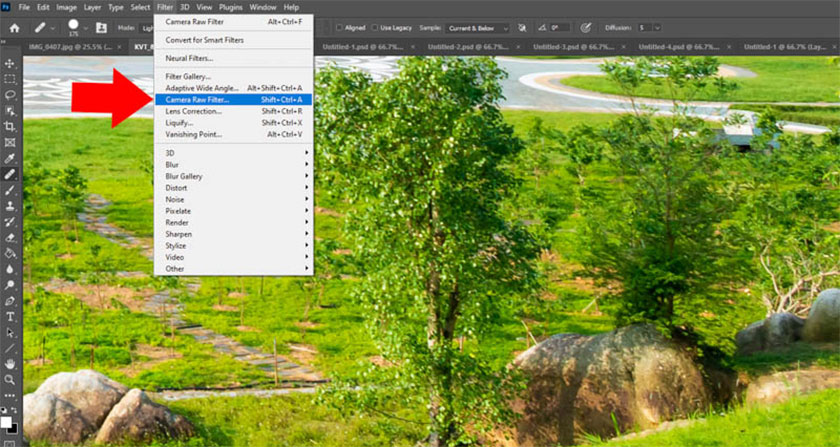 select Camera Raw Filter or press the shortcut Ctrl+Shift+A to open Camera Raw faster