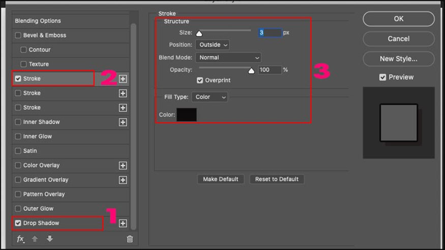 click on both Drop Shadow and Stroke