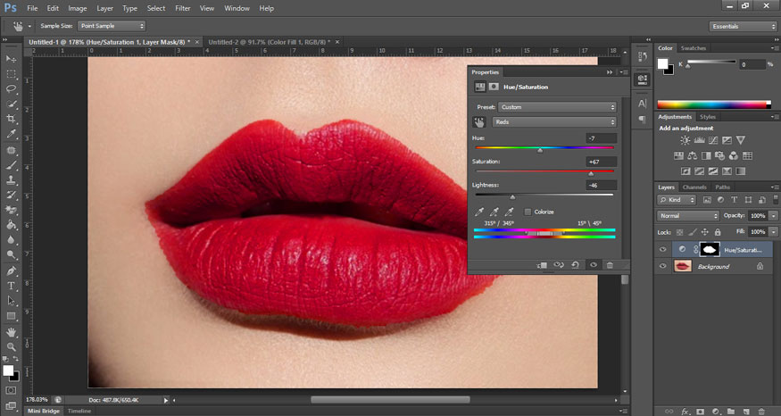 Now drag the Hue slider and watch the lip color change on the screen.