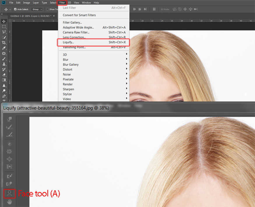 Go to Filter and select Liquify or press the shortcut Ctrl + Shift + X => Select Face Aware tool