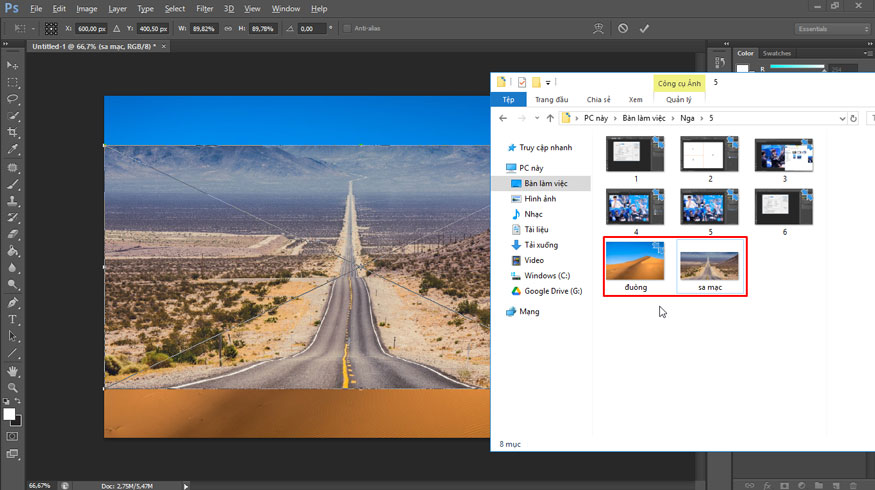 hold down the left mouse button and drop directly into the working file in Photoshop