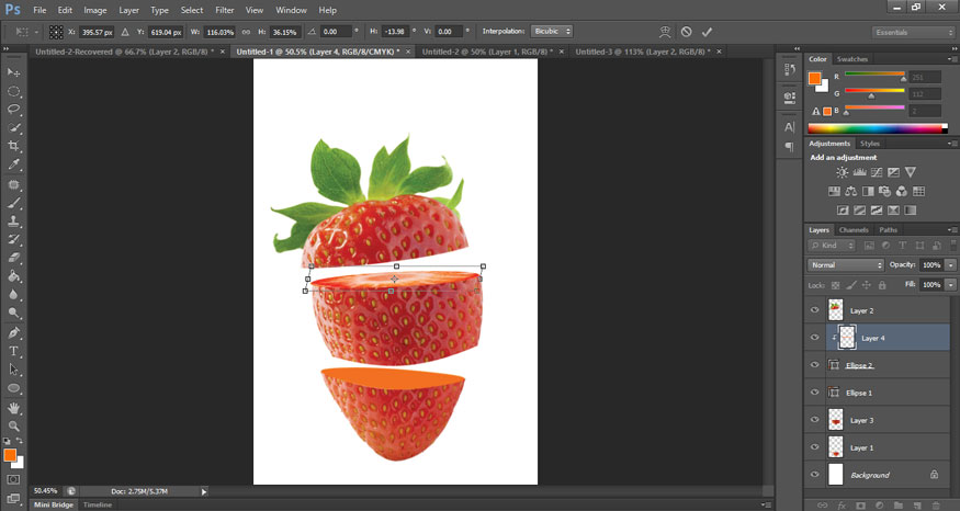 press Ctrl + T and then adjust the size of the strawberry slice to fit the new ellipse
