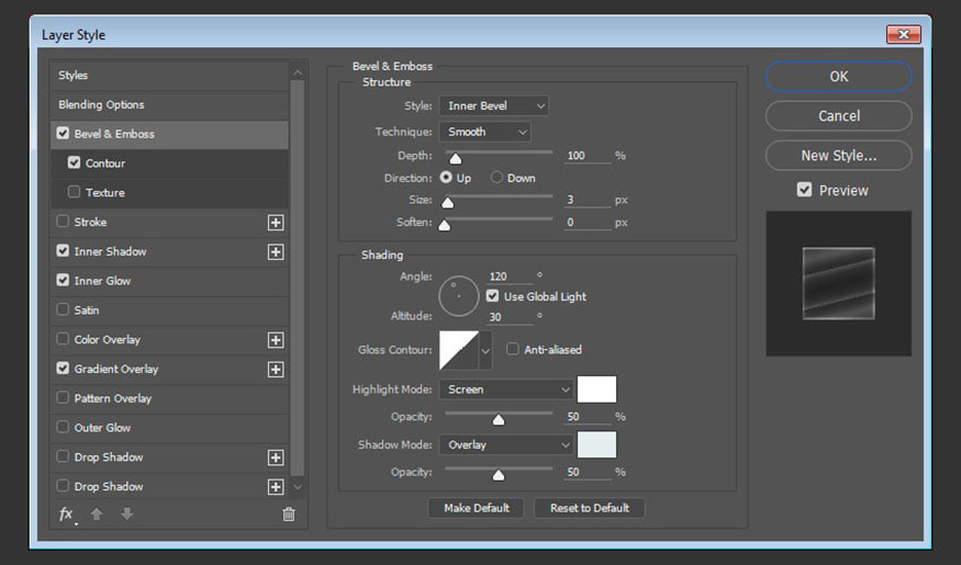 Select Bevel and Emboss in the Layer Style window
