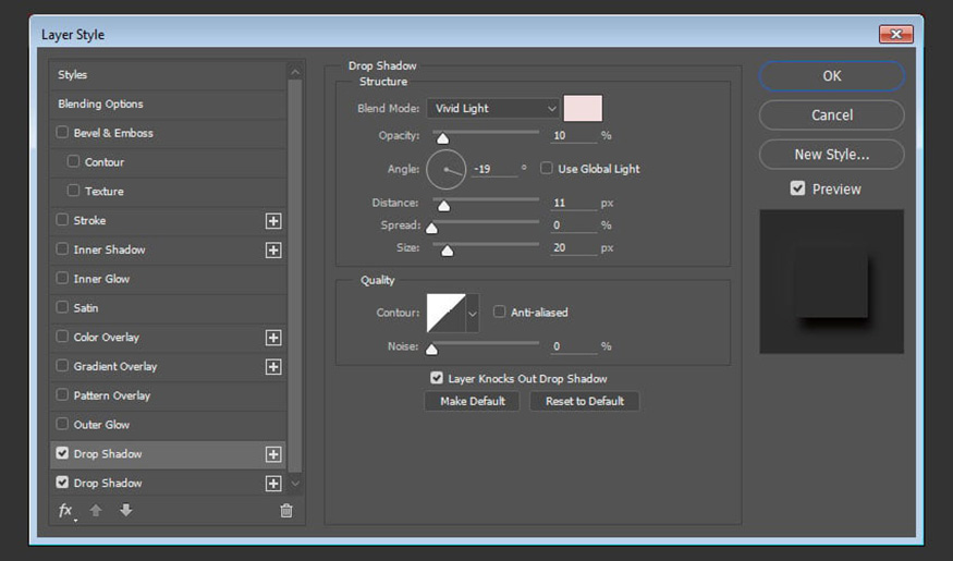 Select Drop Shadow in the Layer Style window and set the following settings