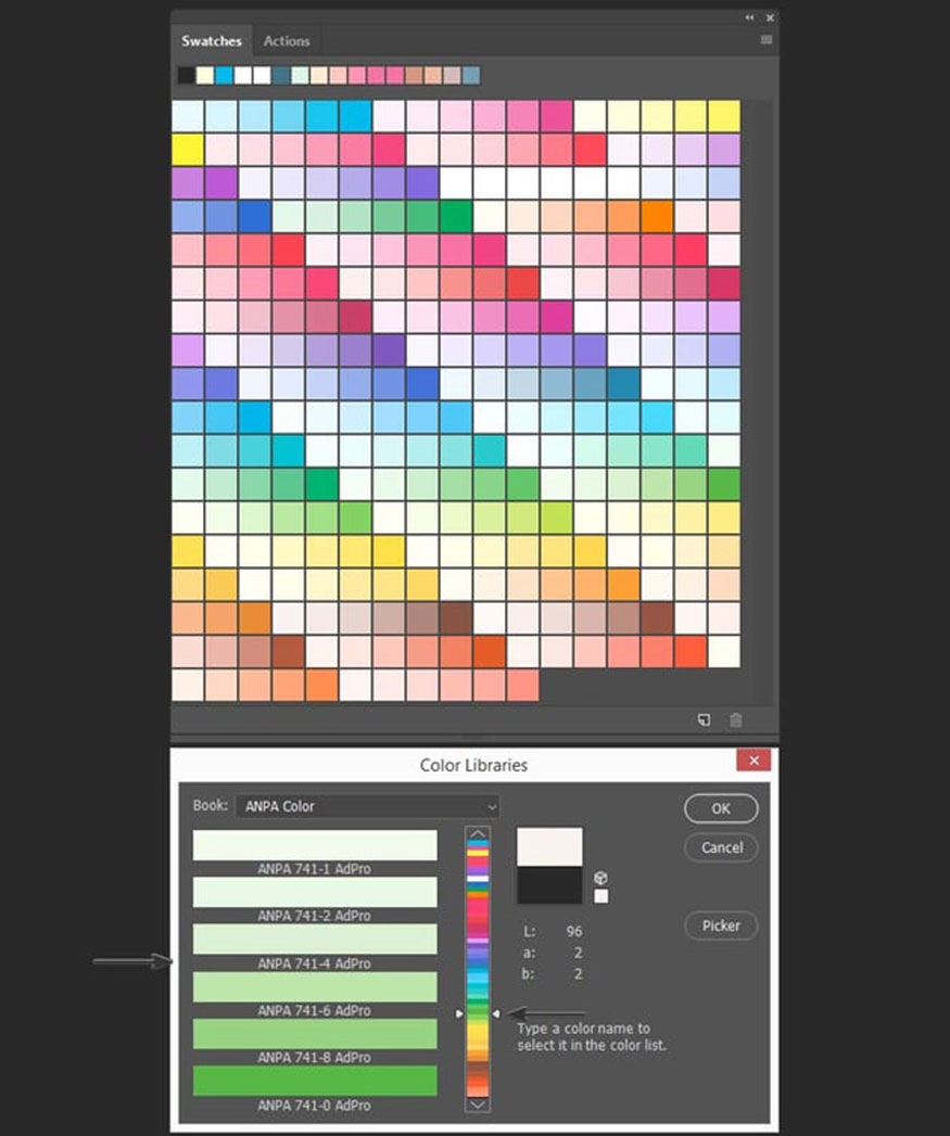 The main difference between these two methods of opening a pastel palette is that when you open the color library in the Swatches palette