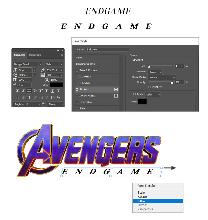 Take the Horizontal Type Tool (T) and write ENDGAME in the Avengers text effect PSD file