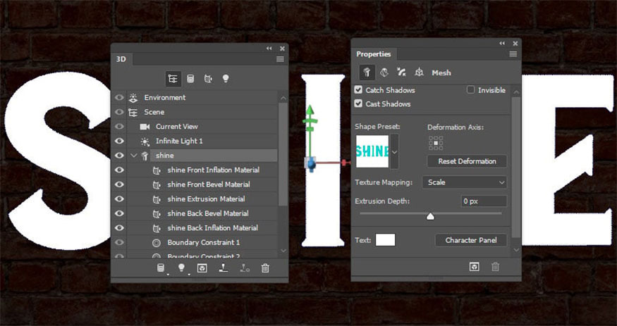 Select the text mesh tab in the 3D panel