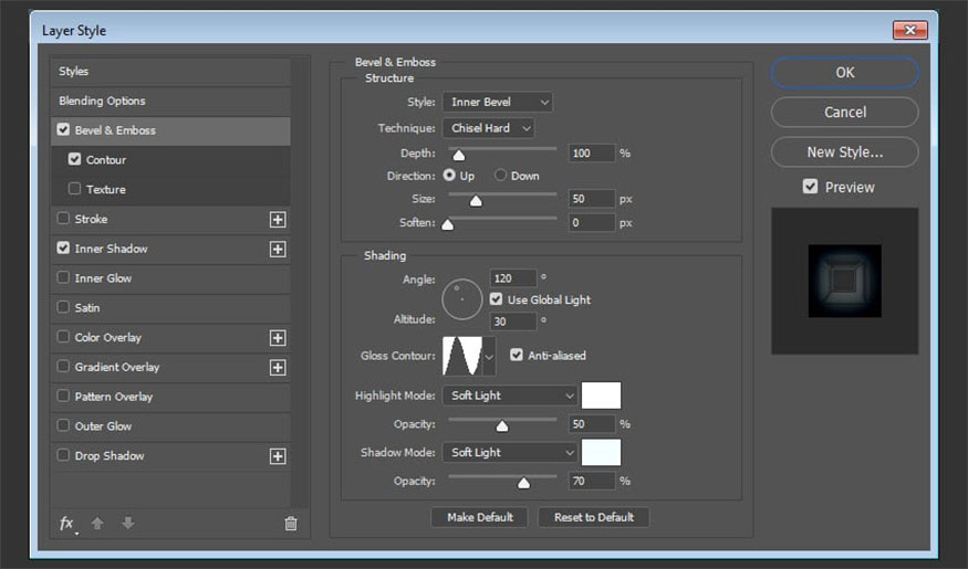  Add Bevel and Emboss and make the following settings: