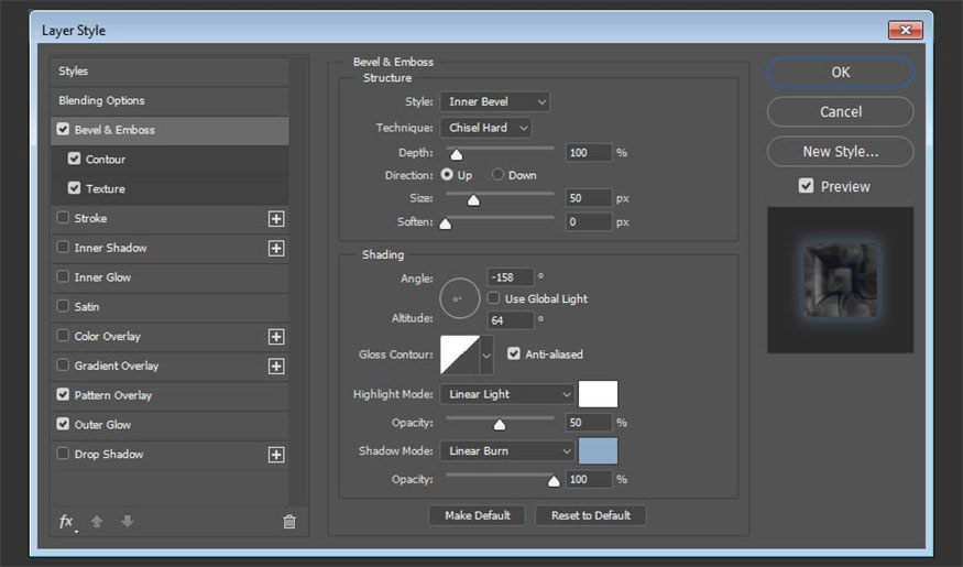 Add Bevel and Emboss and make the following settings: