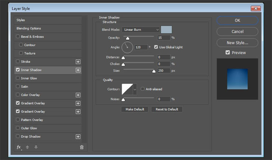 Add Inner Shadow and make the following settings: