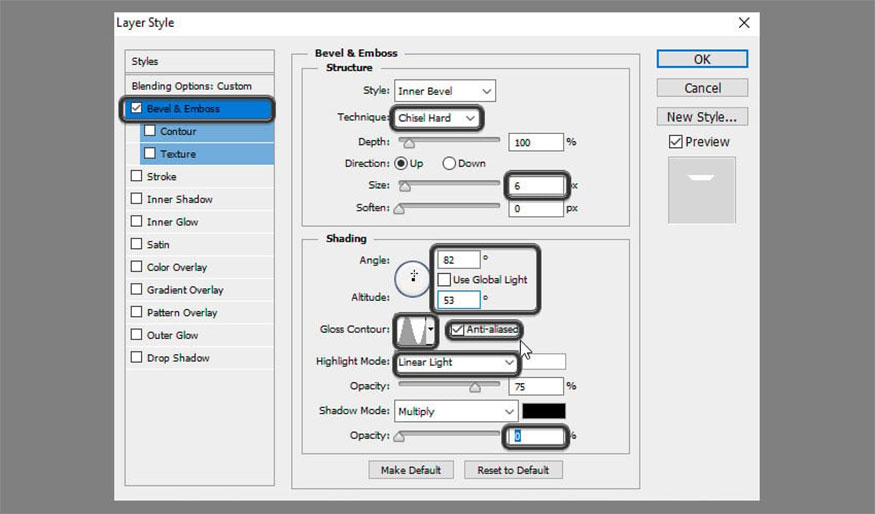 Add Bevel and Emboss with the following settings: