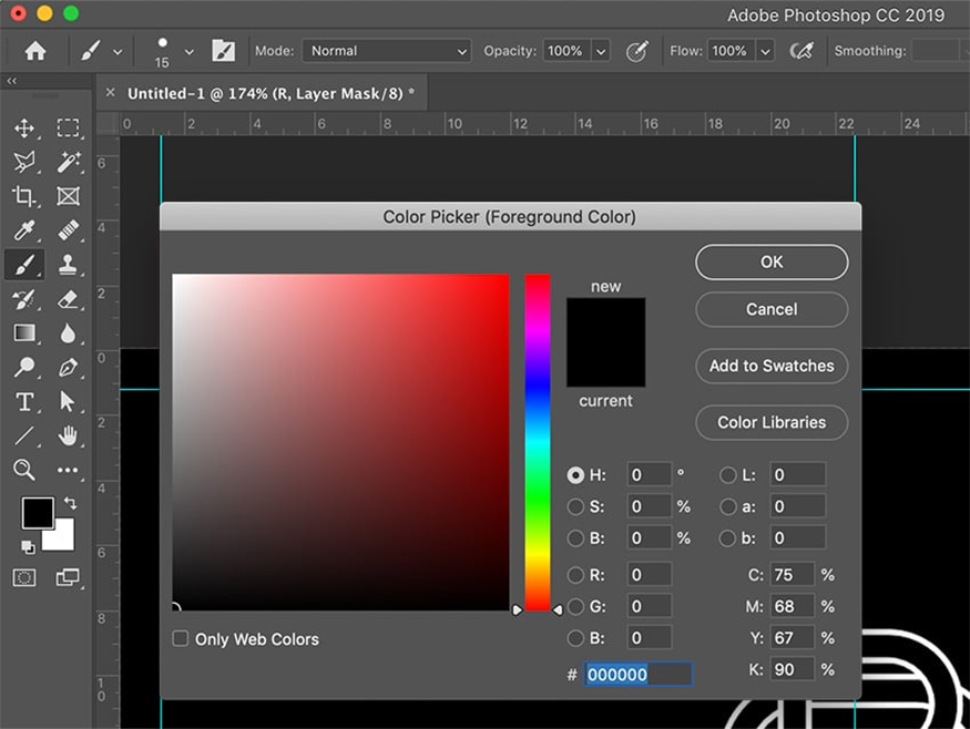 From the toolbar, select the Brush Tool (B) and set Foreground Color to Black.