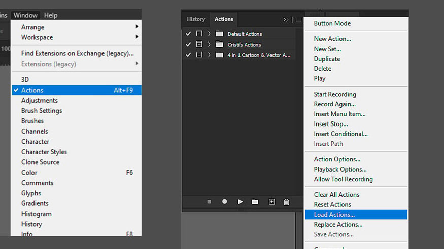 Open the Actions panel in Photoshop by going to Window => Actions. Load the action file from the folder you saved it.