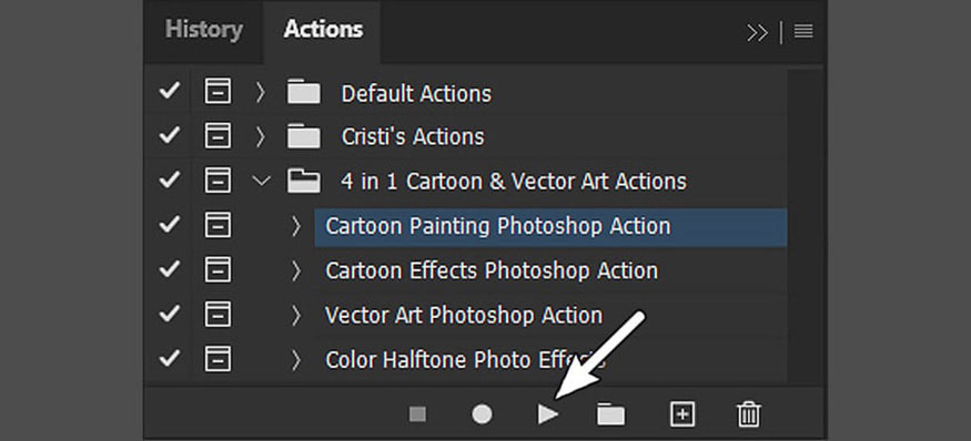 Select the action you want to apply for the cartoon photo effect in Photoshop. 