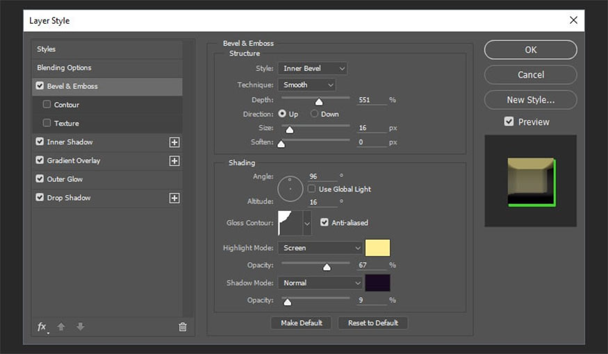 Add Bevel & Emboss with the following parameter settings: