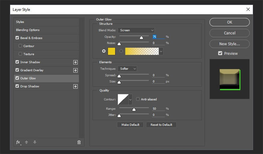Add Outer Glow and make the following settings:
