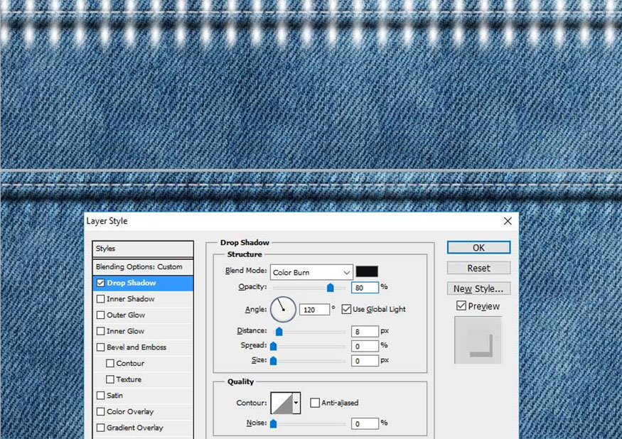 select the Brush Tool and select the "stitch2" brush