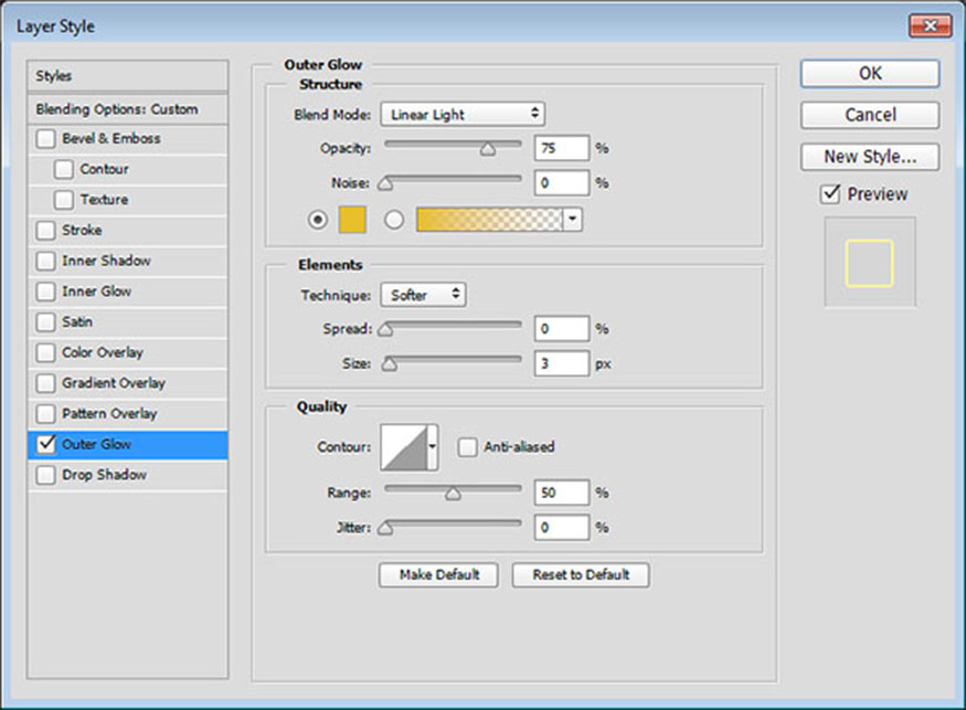 add the Outer Glow effect and set the following parameters:
