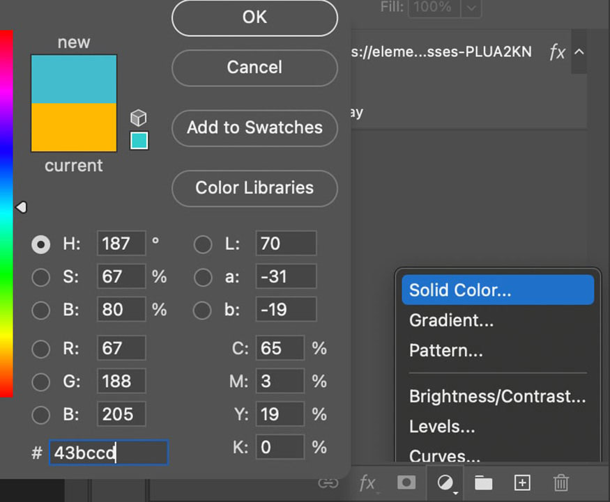 Create a Solid Color layer with color code #43BCCD