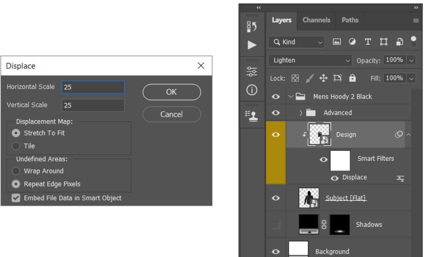 select the Design layer => go to Filter => Distort Displace.