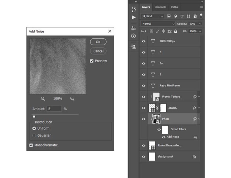 Select Filter > Noise > Add Noise and set Amount to 5%