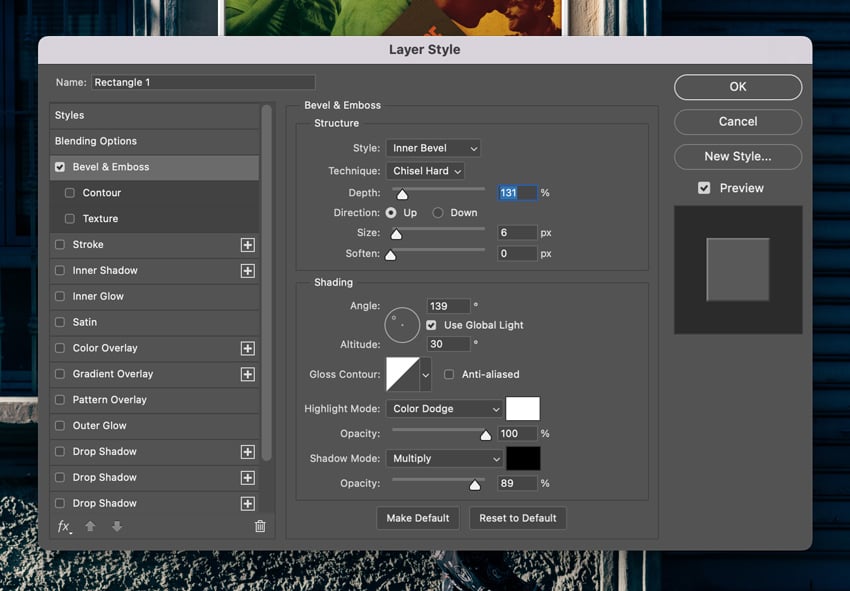 add the Bevel and Emboss layer style to the frame layer: 