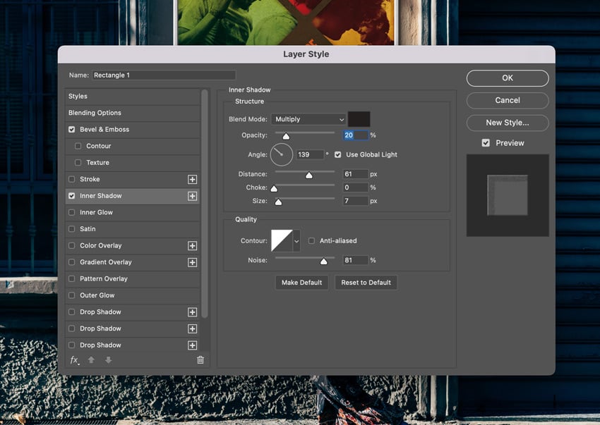 Add an Inner Shadow layer style to the frame layer with the following settings: 