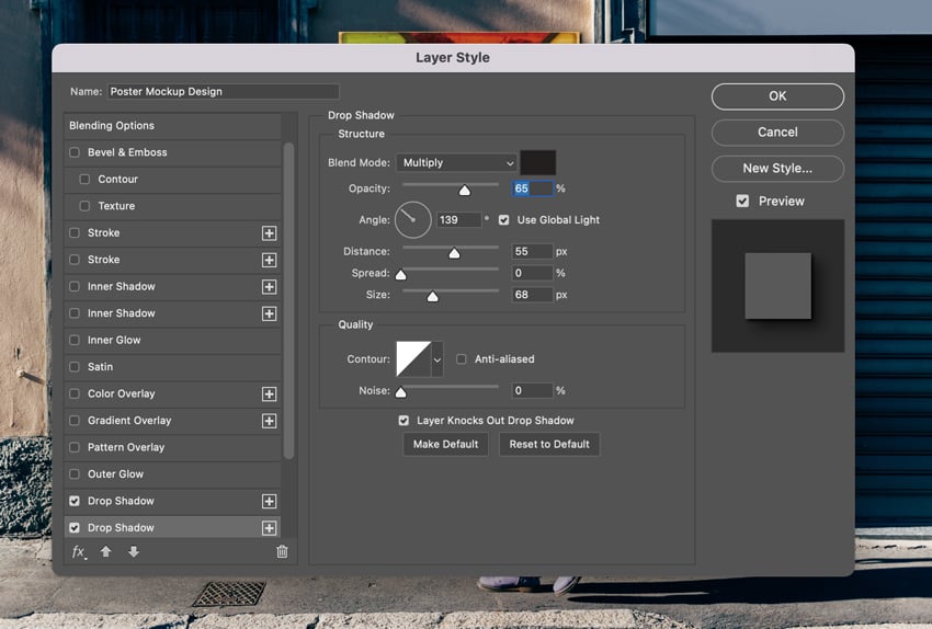 use the following settings to add another Drop Shadow layer style. 