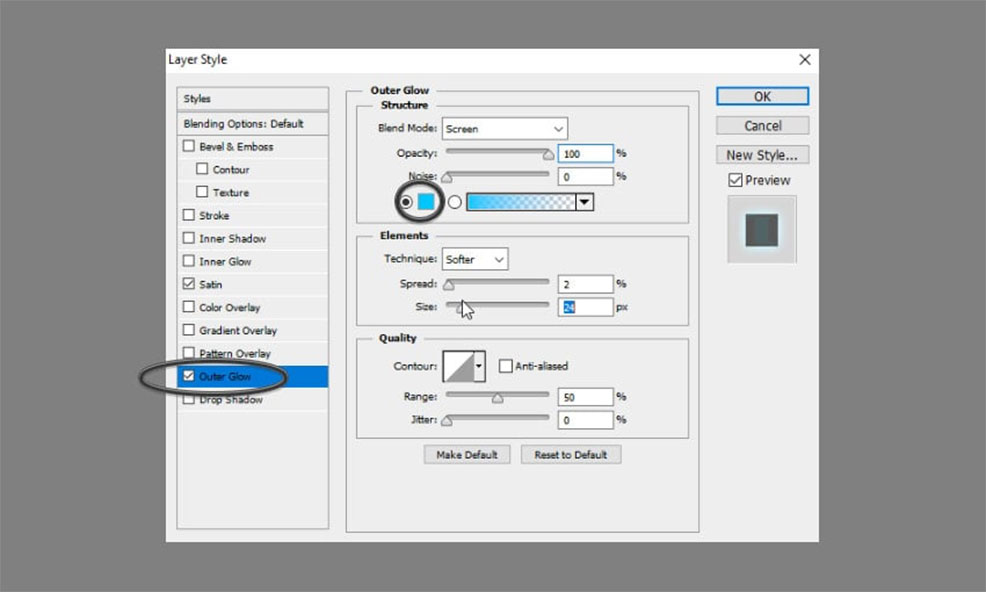 Check the Outer Glow and change the color to blue.