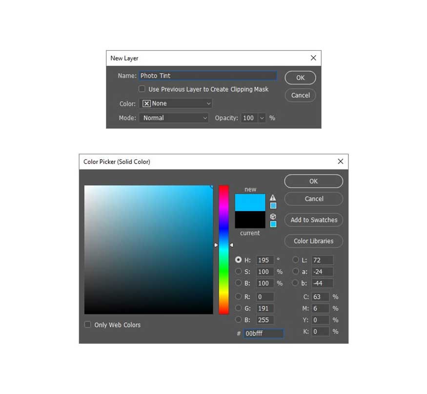 create a new fill layer and name them “Photo Tint”