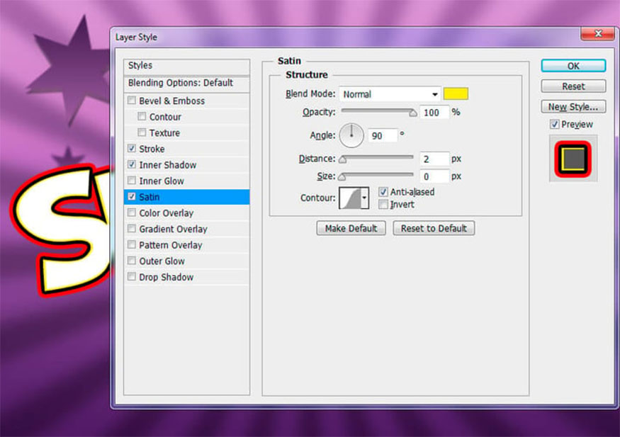 Add a Satin effect with the settings below: 
