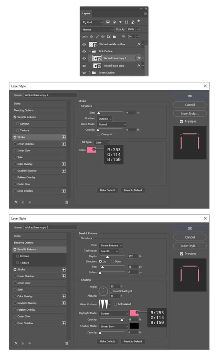 change the Stroke and Bevel & Emboss settings