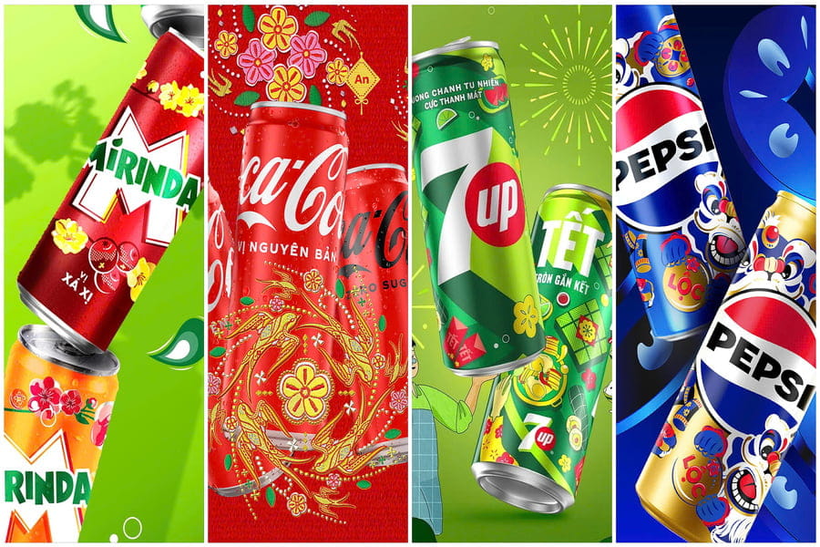The Tet 2026 Packaging Battle: Pepsi – 7Up – Mirinda – Coca-Cola and a Spectacular Visual Showcase