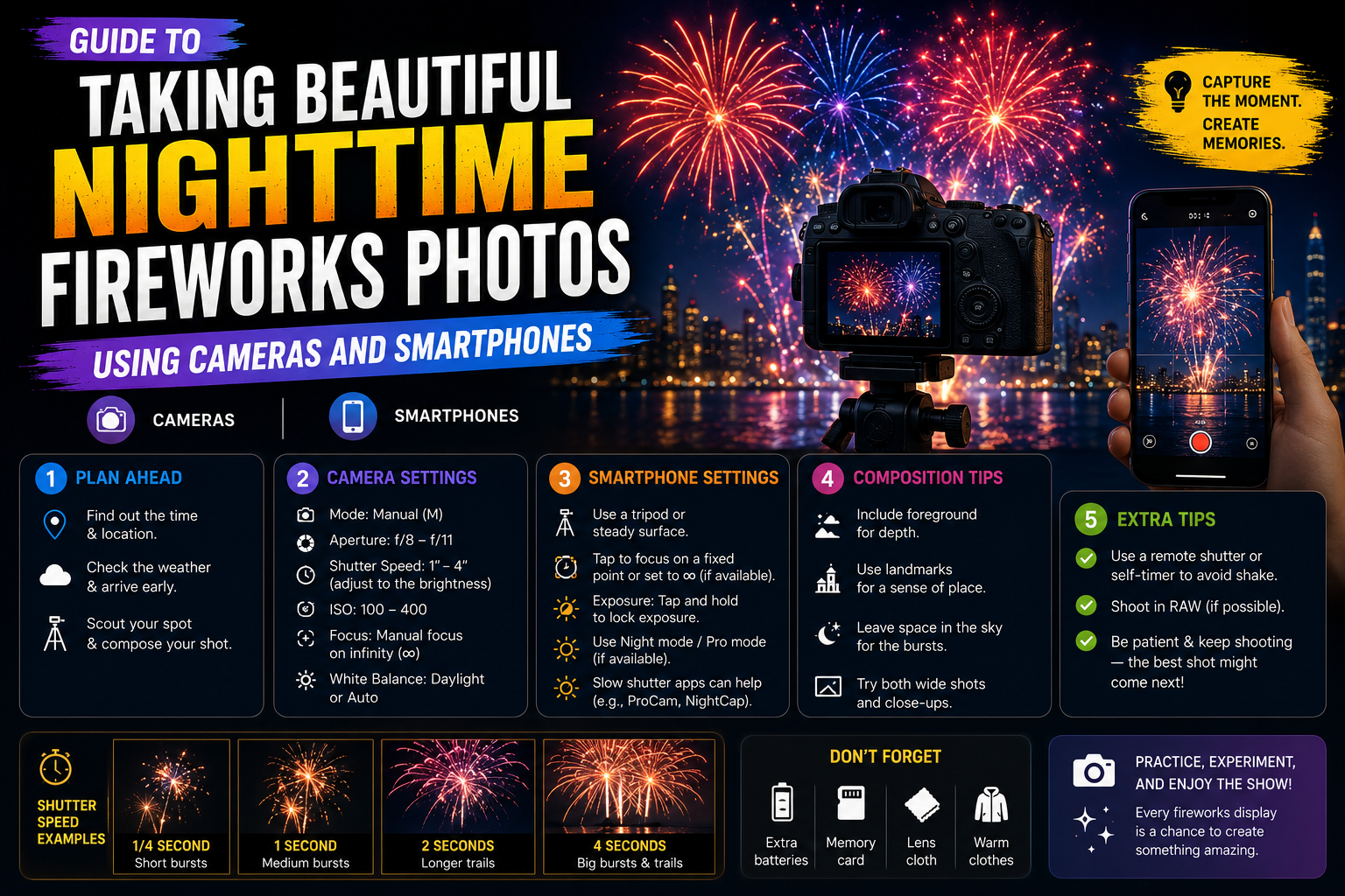Guide to Taking Beautiful Nighttime Fireworks Photos Using Cameras and Smartphones