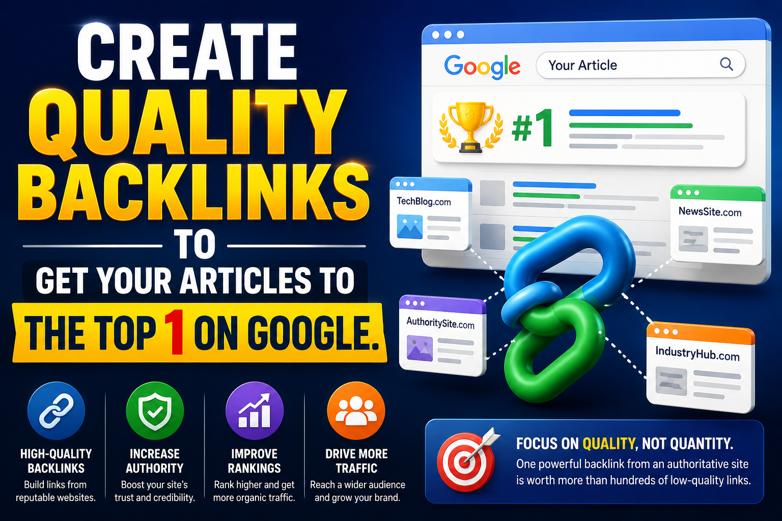 Create Quality Backlinks to Get Your Articles to the Top 1 on Google.