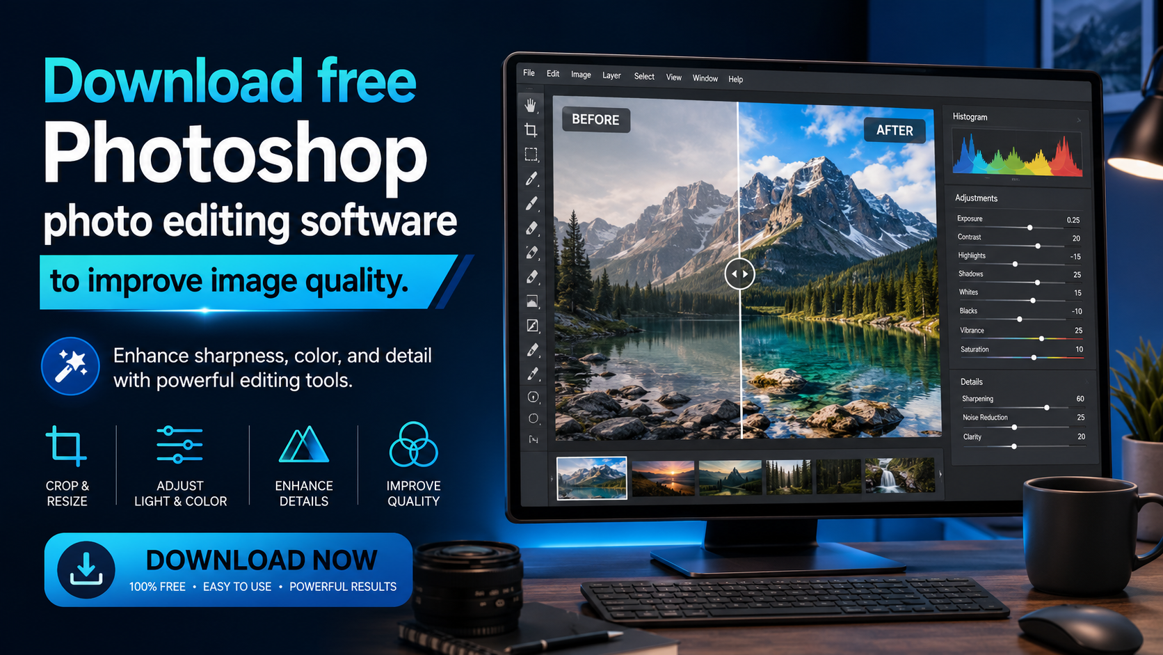 Download free Photoshop photo editing software to improve image quality.