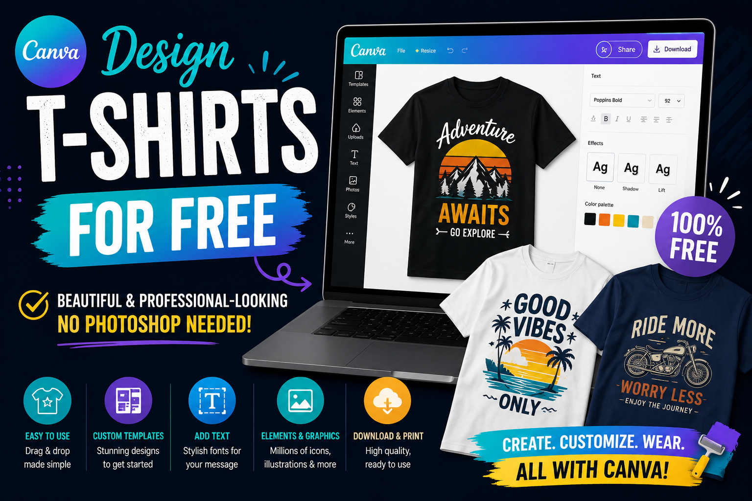 Design T-shirts for Free with Canva, Beautiful and Professional-Looking, No Photoshop Needed.