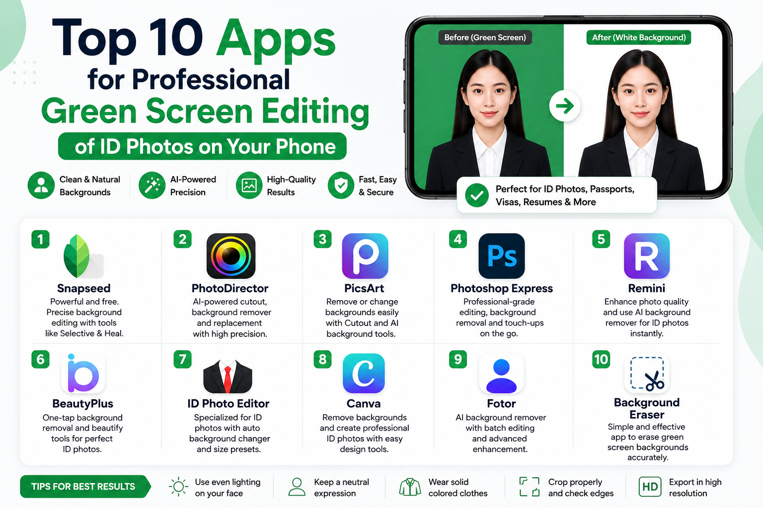 Top 10 apps for professional green screen editing of ID photos on your phone.