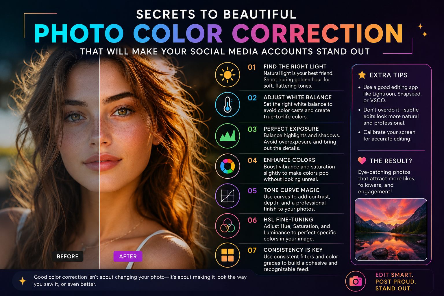 Secrets to beautiful photo color correction that will make your social media accounts stand out.