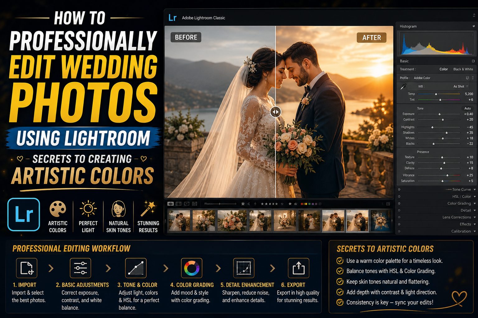 How to professionally edit wedding photos using Lightroom: Secrets to creating artistic colors.