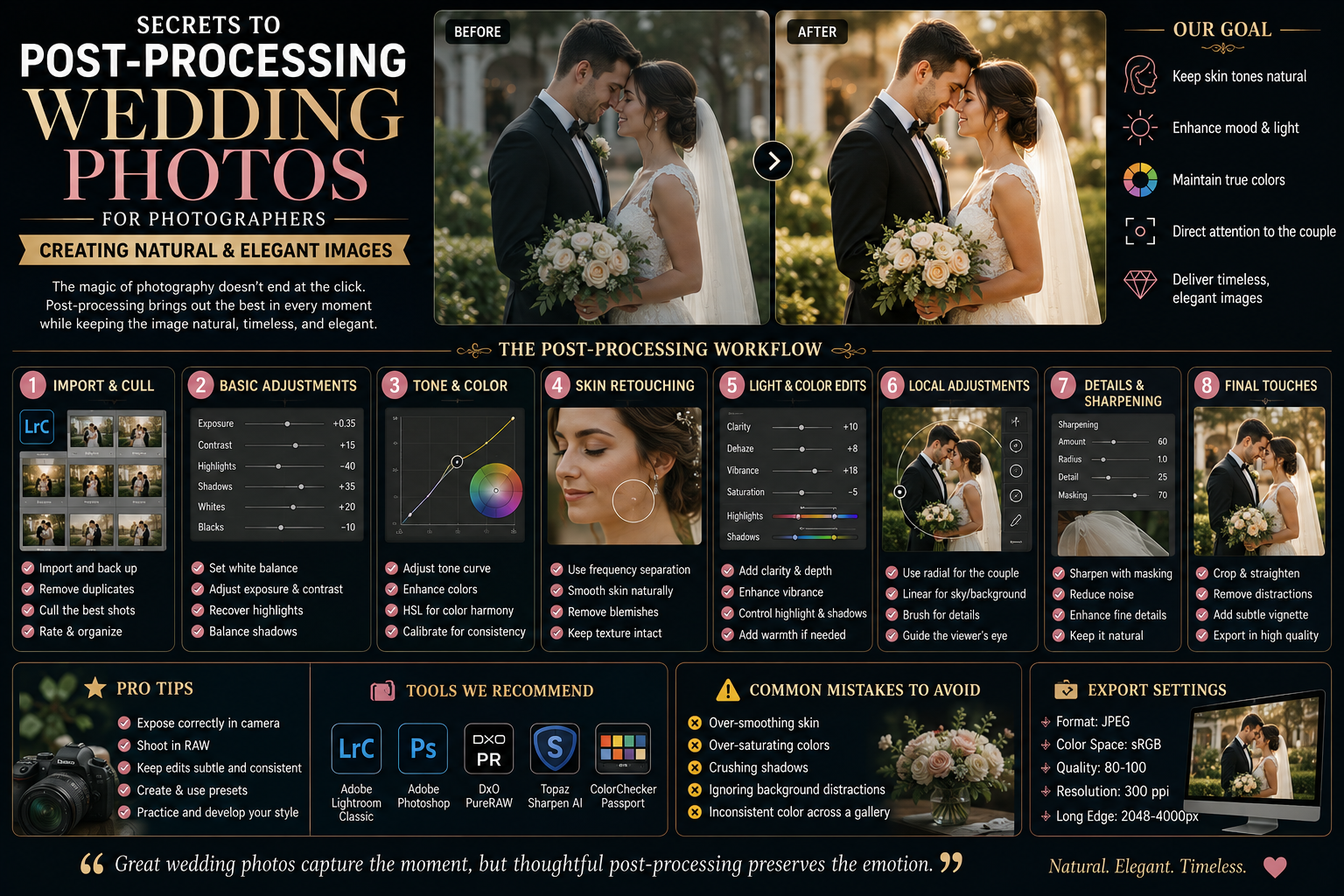 Secrets to Post-Processing Wedding Photos for Photographers: Creating Natural and Elegant Images.