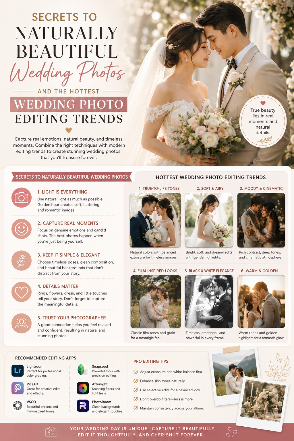 Secrets to naturally beautiful wedding photos and the hottest wedding photo editing trends.