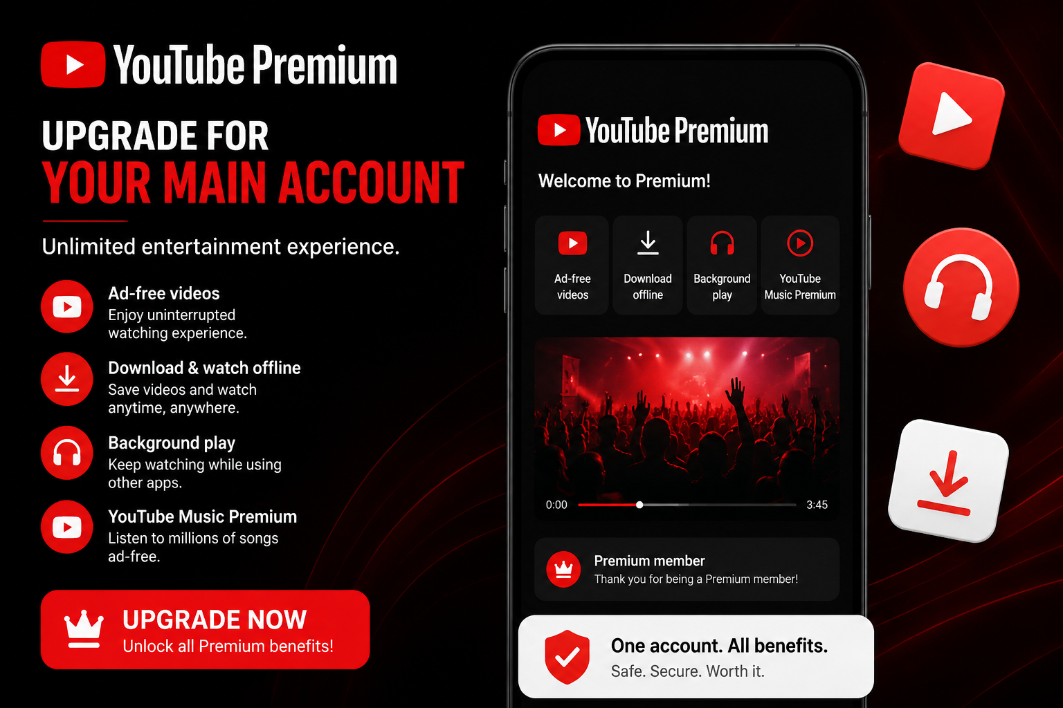 YouTube Premium upgrade for your main account – Unlimited entertainment experience.