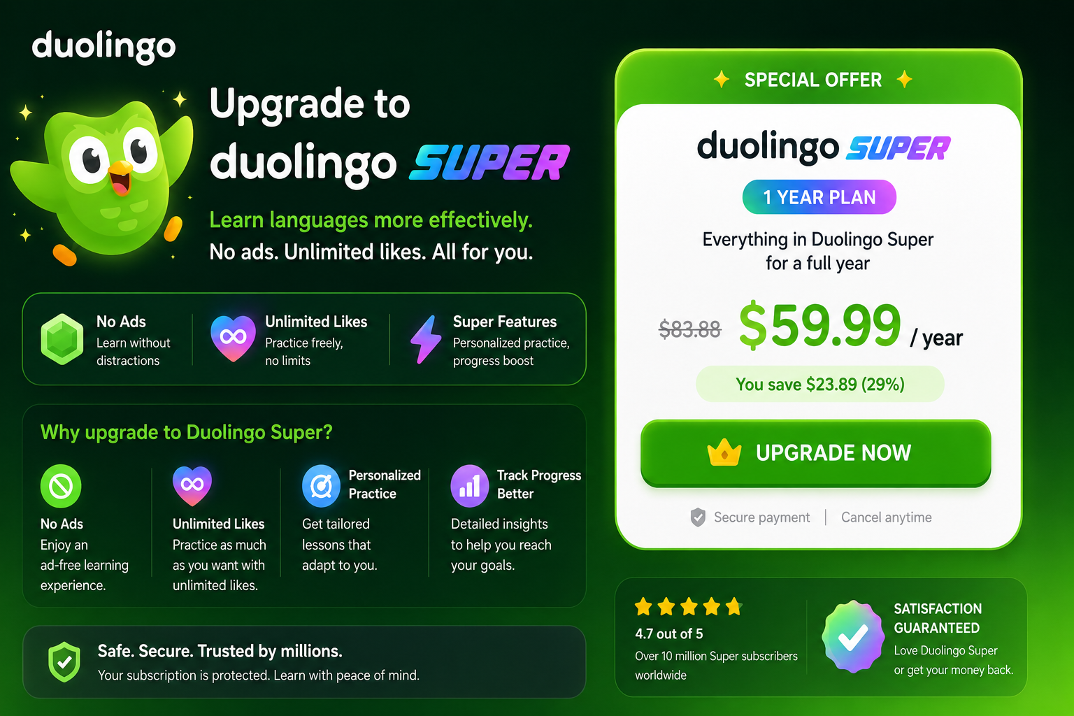 Upgrade to official Duolingo Super for 1 year: learn languages ​​effectively, no ads, unlimited likes.