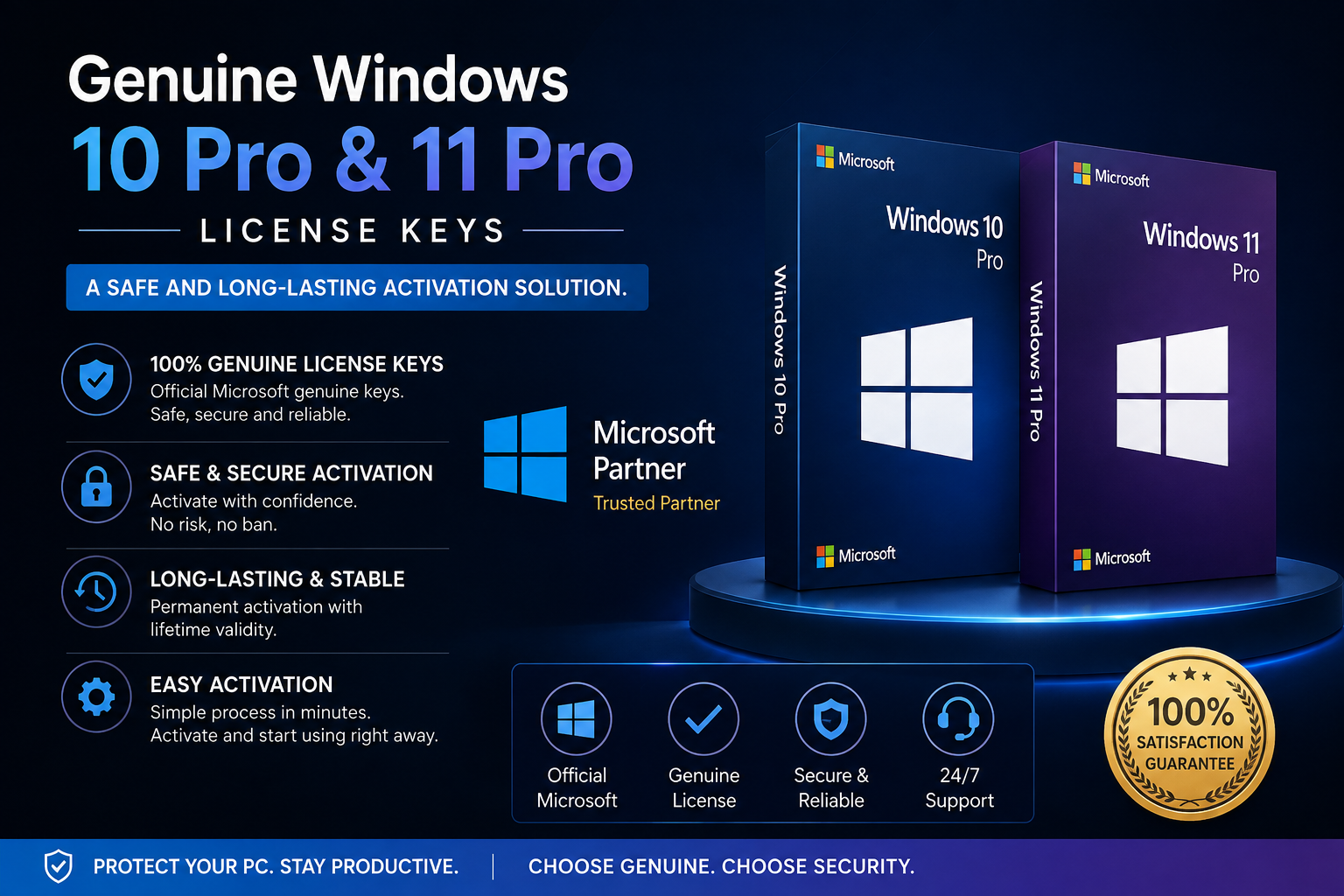 Genuine Windows 10 Pro & 11 Pro license keys: a safe and long-lasting activation solution.