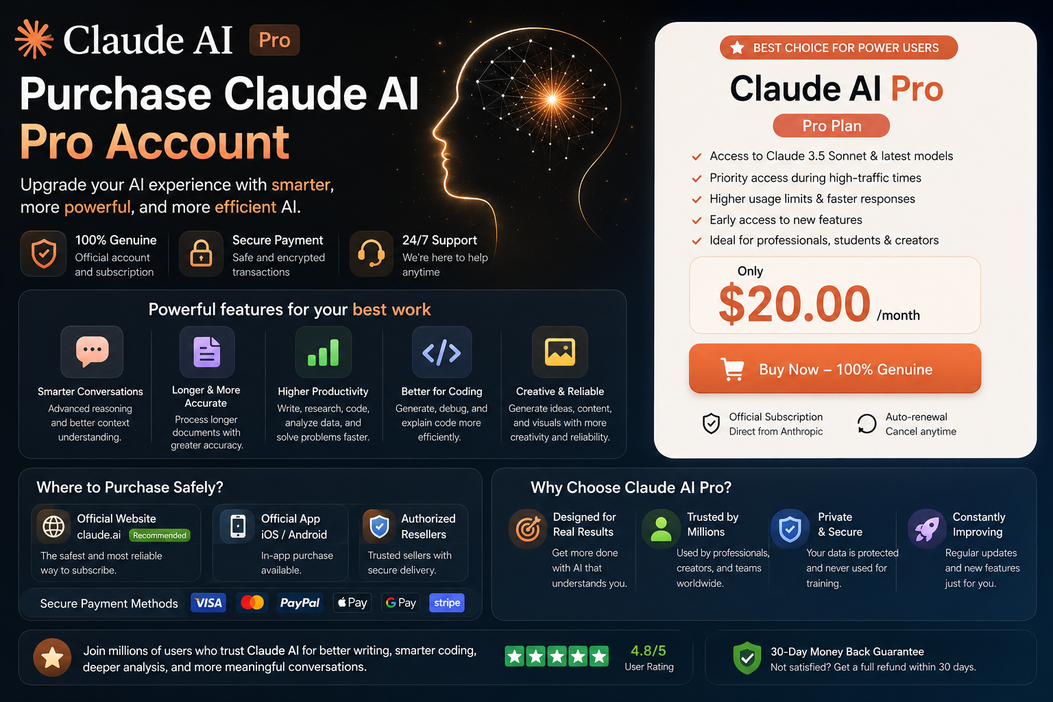 Purchase a Claude AI Pro account: upgrade your AI experience with smarter, more powerful, and more efficient AI.