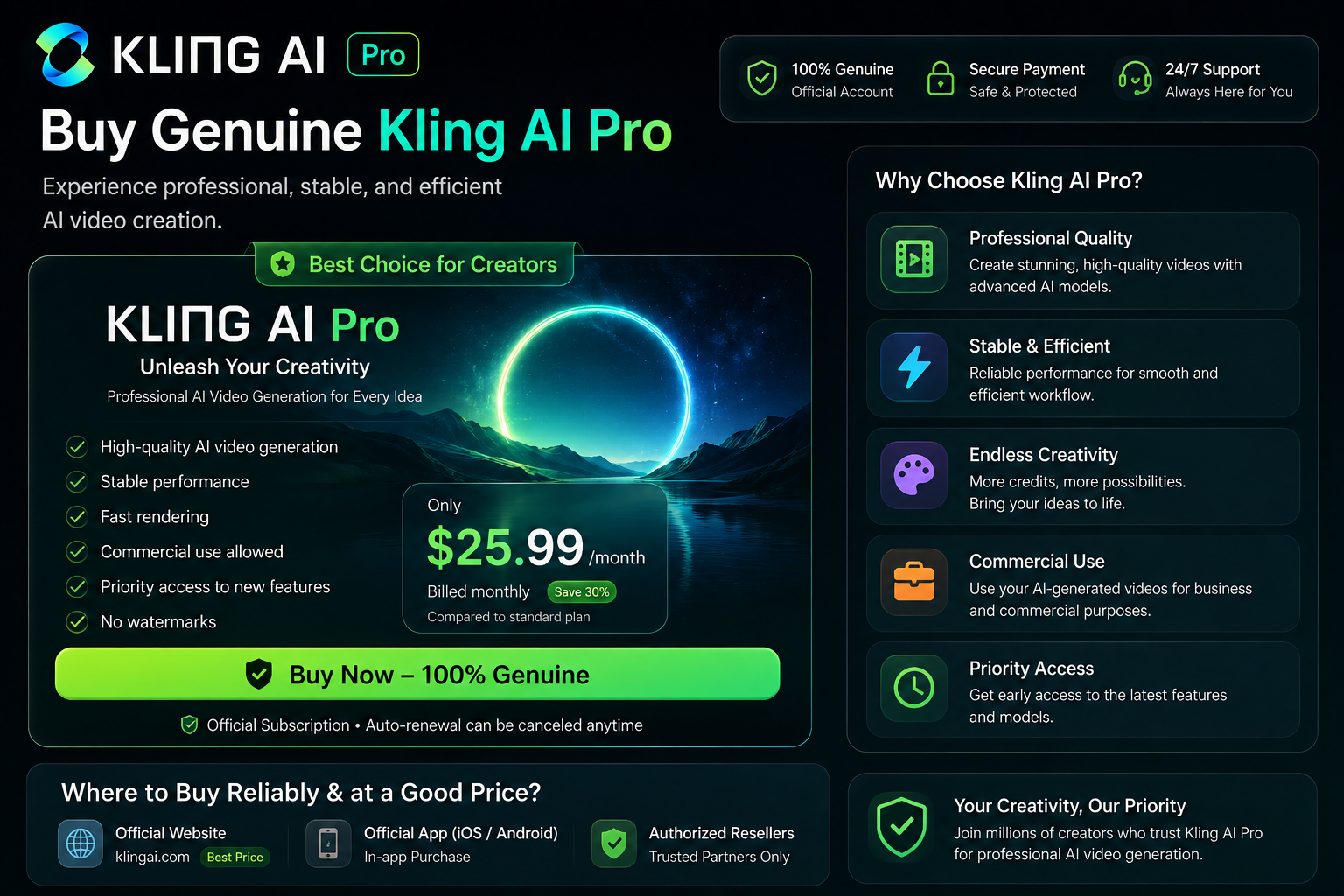 Buy genuine Kling AI Pro: experience professional, stable, and efficient AI video creation.