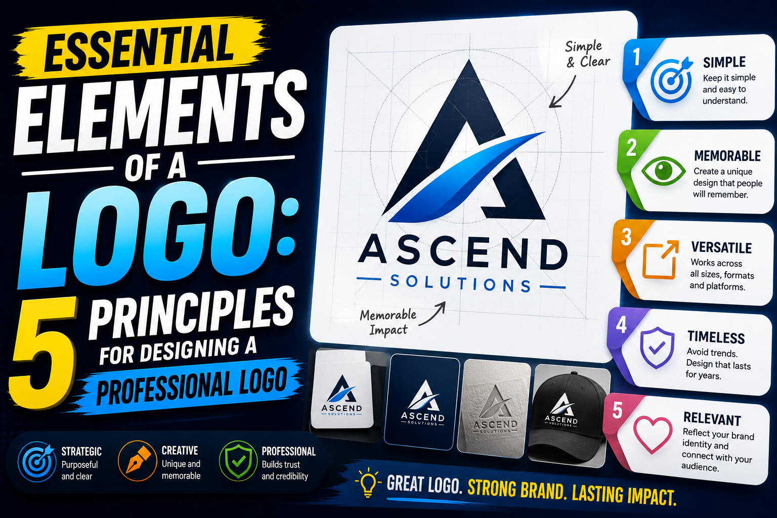 Essential elements of a logo: 5 principles for designing a professional logo.