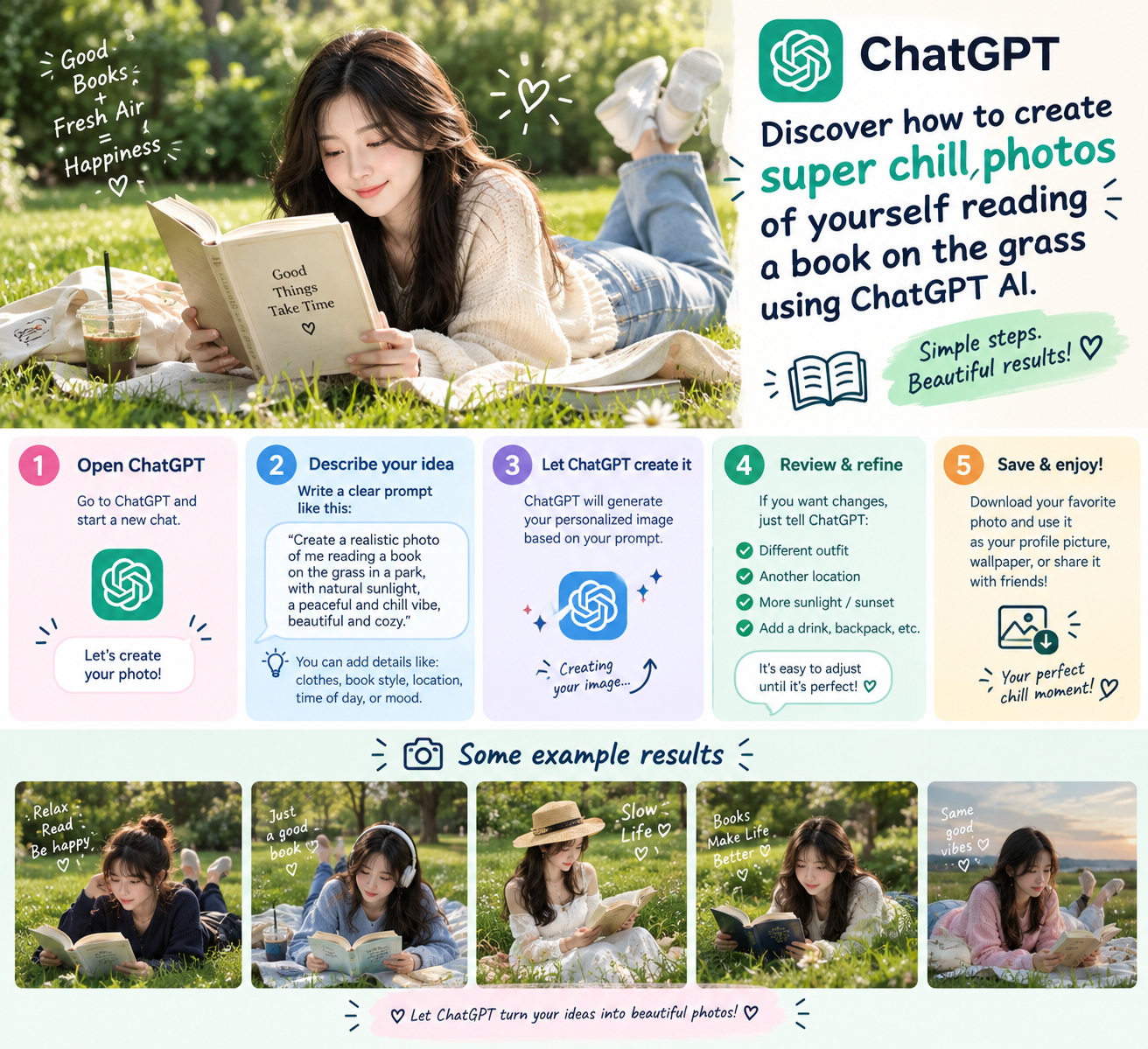 Discover how to create super chill photos of yourself reading a book on the grass using ChatGPT AI.
